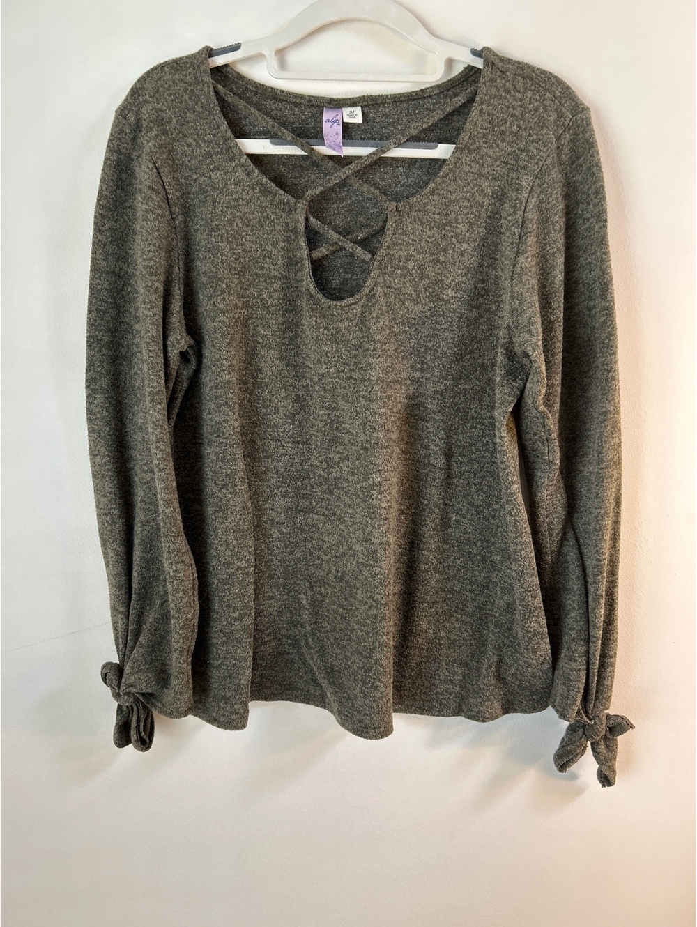 Alya Gray Long Sleeve Knit Top with Crisscross Neck and Tie Sleeves Medium